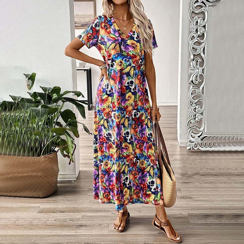 Lockeres, bequemes langes Kleid mit Blumendruck