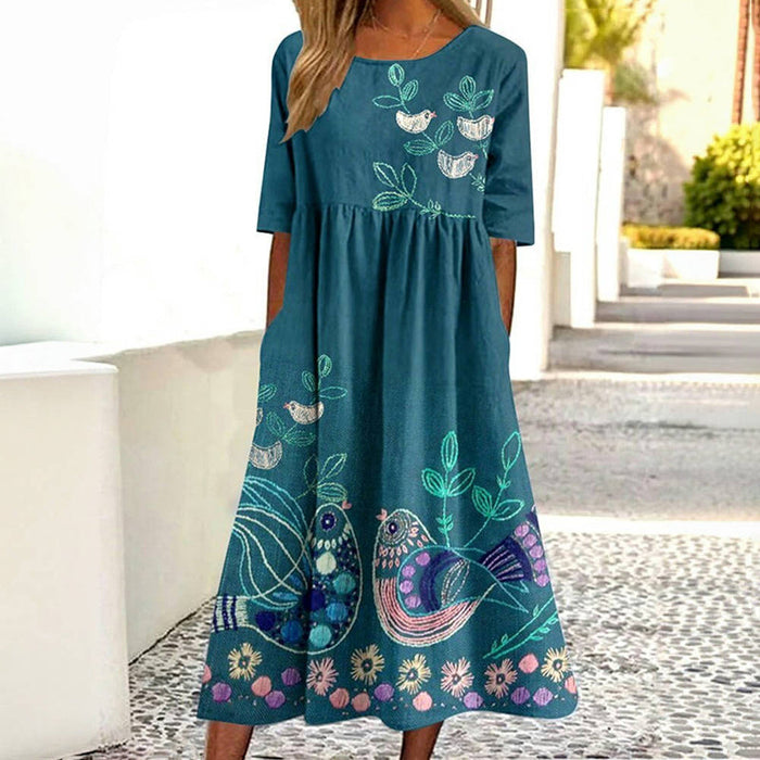 Vintage-Kleid Mit Vogel-Print