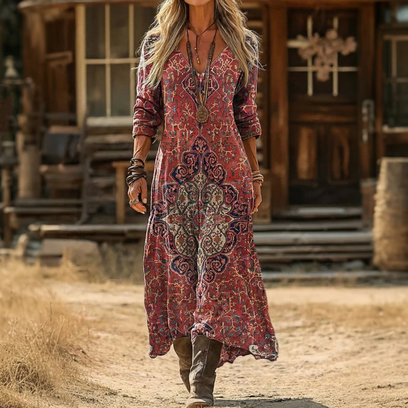【Lange Ärmel】Vintage-Kleid Im Ethnischen Stil