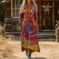 【Lange Ärmel】Vintage-Kleid In Bunten Farben