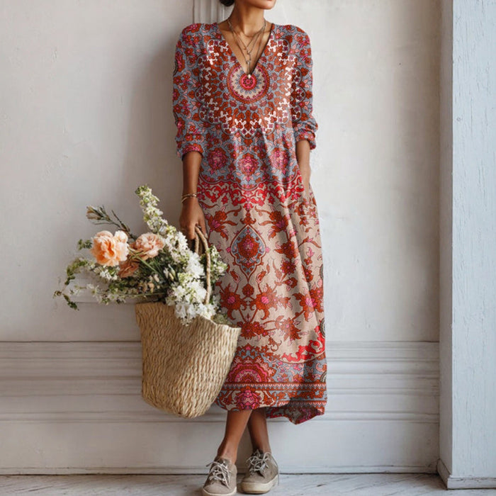 【Lange Ärmel】Vintage-Kleid Im Ethnischen Stil