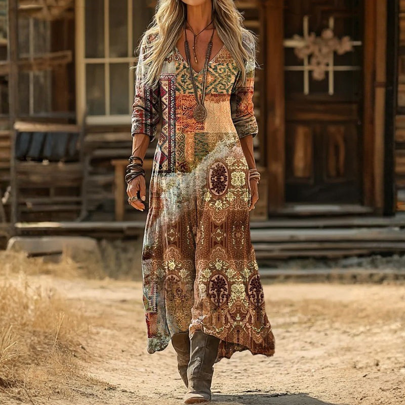 【Lange Ärmel】Vintage-Kleid Im Ethnischen Stil