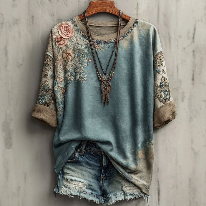 【Lange Ärmel】Vintage-T-Shirt Mit Blumendruck