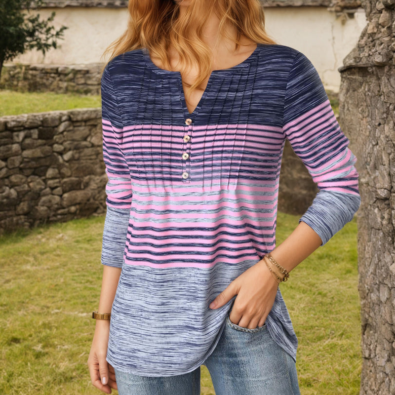 【Lange Ärmel】Gestreifte Bluse Mit Farbblock