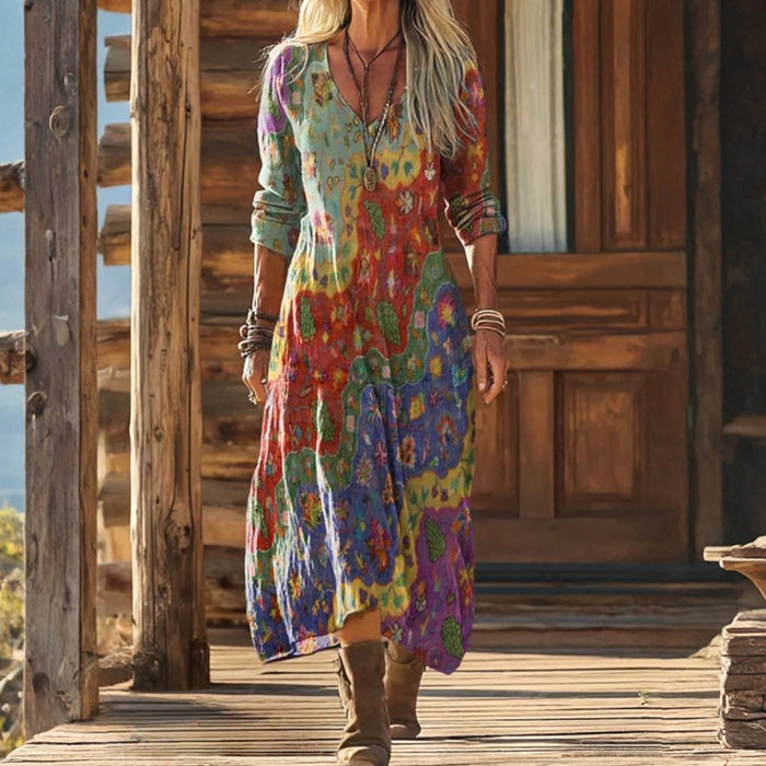 【Lange Ärmel】Vintage-Kleid In Bunten Farben