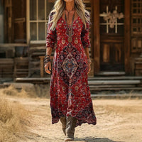 【Lange Ärmel】Vintage-Kleid Mit Ethno-Print