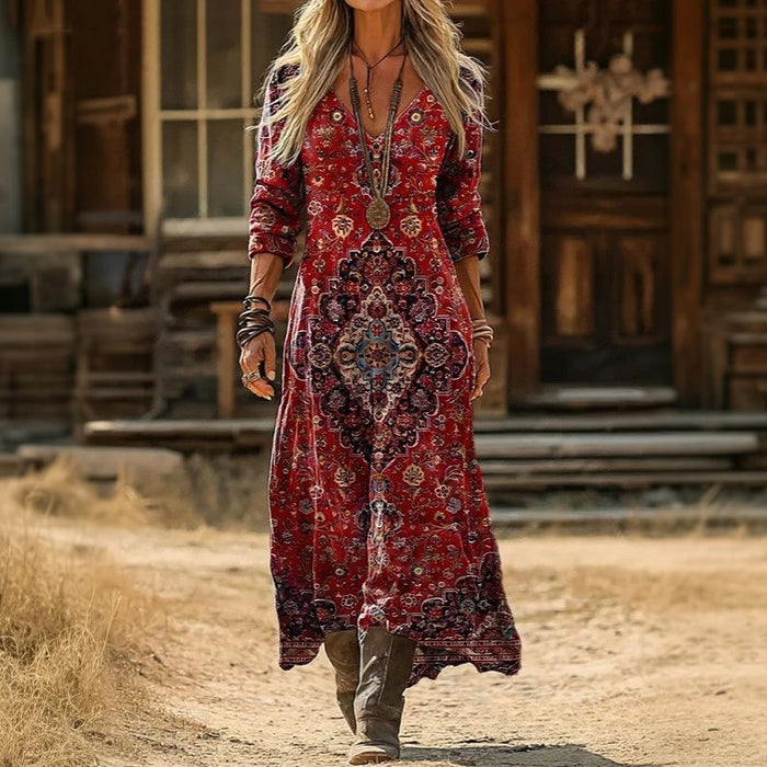 【Lange Ärmel】Vintage-Kleid Mit Ethno-Print
