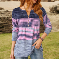【Lange Ärmel】Gestreifte Bluse Mit Farbblock