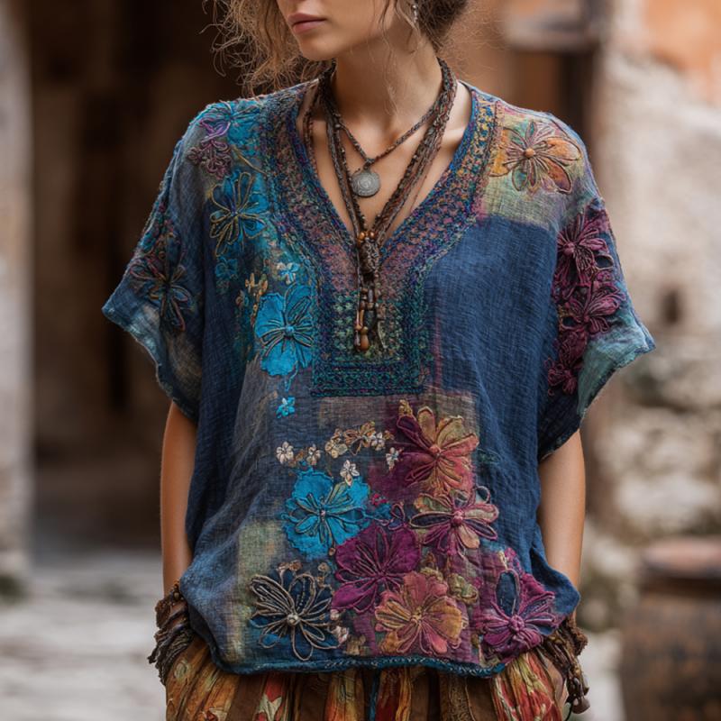 Vintage-Bluse Mit Blumendruck