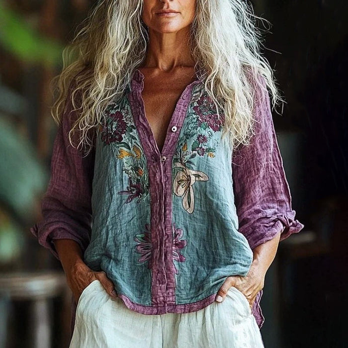 【Lange Ärmel】Bluse Mit Blumendruck Und Farbblockdesign