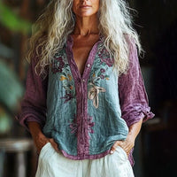 【Lange Ärmel】Bluse Mit Blumendruck Und Farbblockdesign