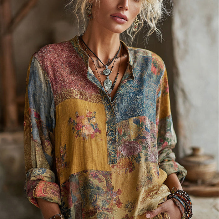 【Lange Ärmel】Vintage-Bluse Mit Blumendruck