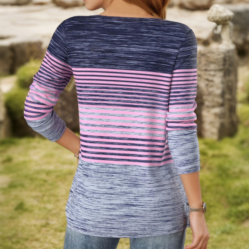 【Lange Ärmel】Gestreifte Bluse Mit Farbblock