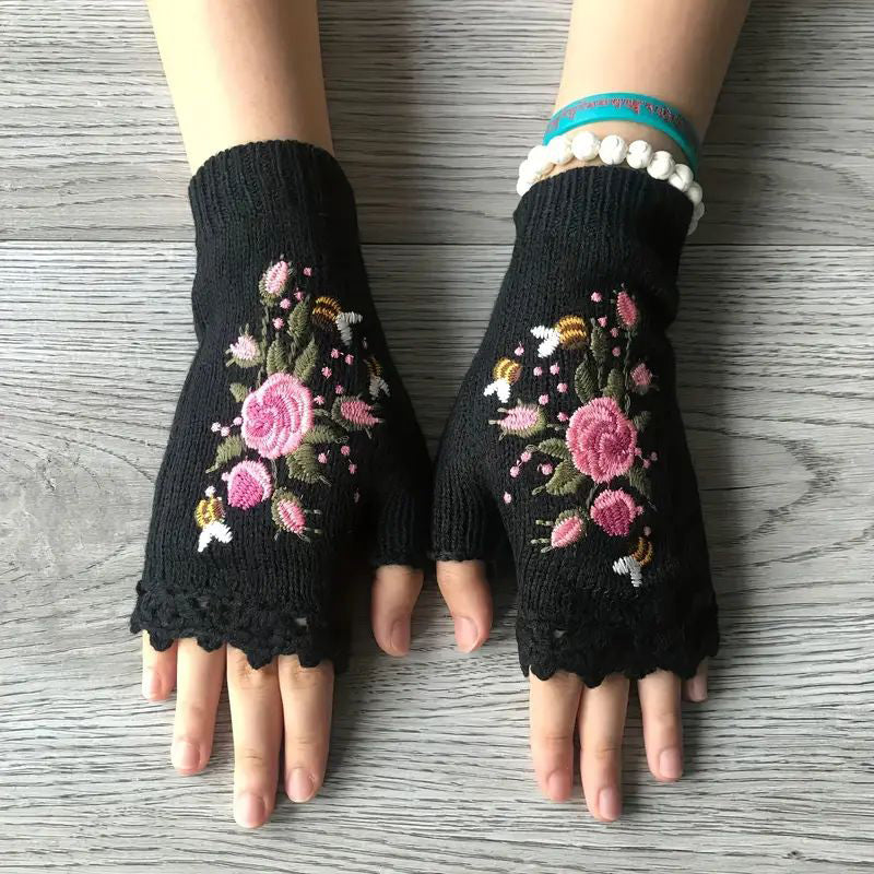 Warme Handschuhe Mit Blumenstickerei