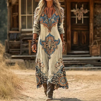 【Lange Ärmel】Vintage-Kleid Im Ethnischen Stil