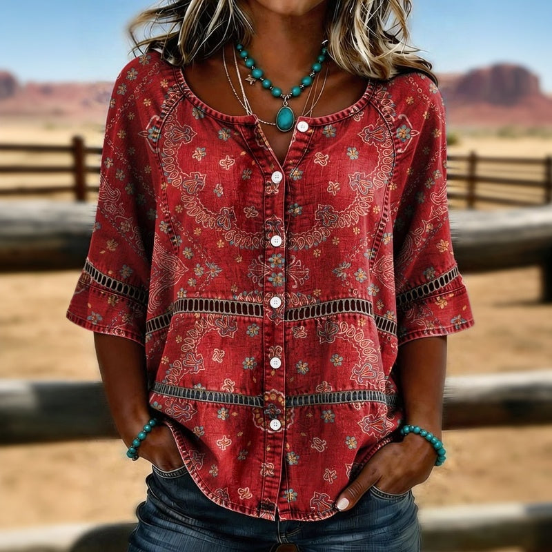 Vintage-Bluse Mit Ethnischer Druck