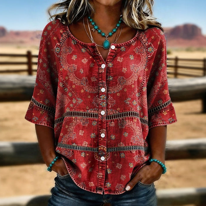Vintage-Bluse Mit Ethnischer Druck