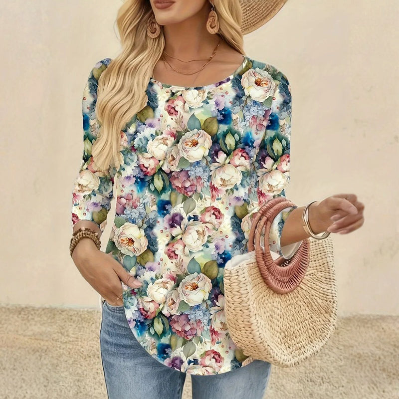 【Lange Ärmel】Vintage-T-Shirt Mit Blumenmuster