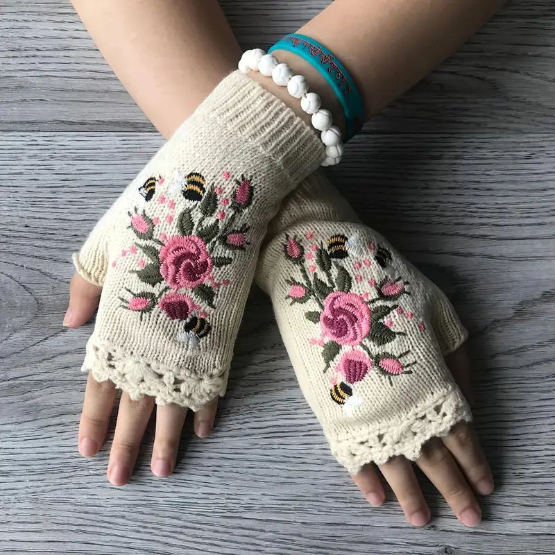 Warme Handschuhe Mit Blumenstickerei