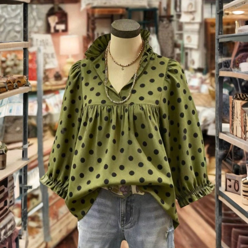 【Lange Ärmel】Bluse Mit Vintage-Punkten