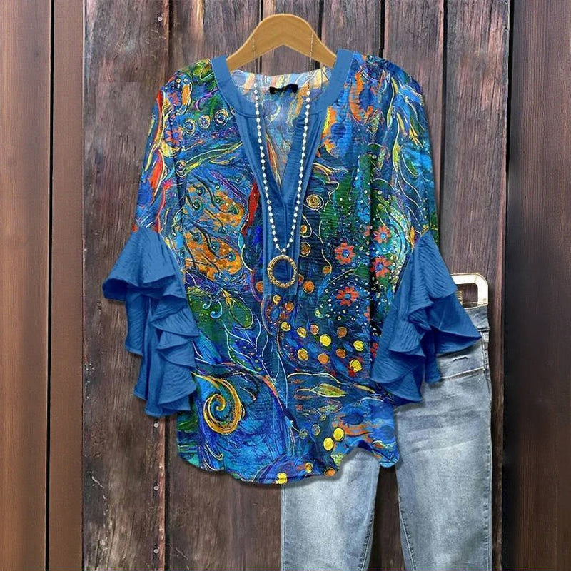 Vintage-Bluse Mit Abstrakter Druck