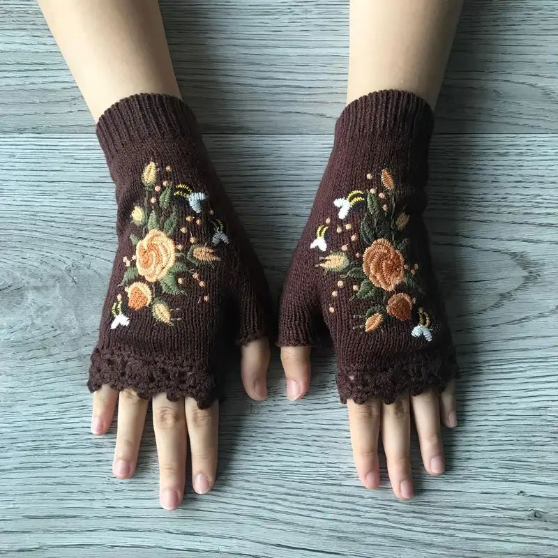 Warme Handschuhe Mit Blumenstickerei
