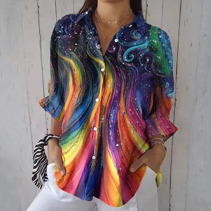 【Lange Ärmel】Buntes Bluse Mit Farbverlauf