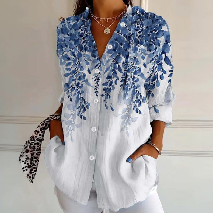 【Lange Ärmel】Vintage-Bluse Mit Blattdruck