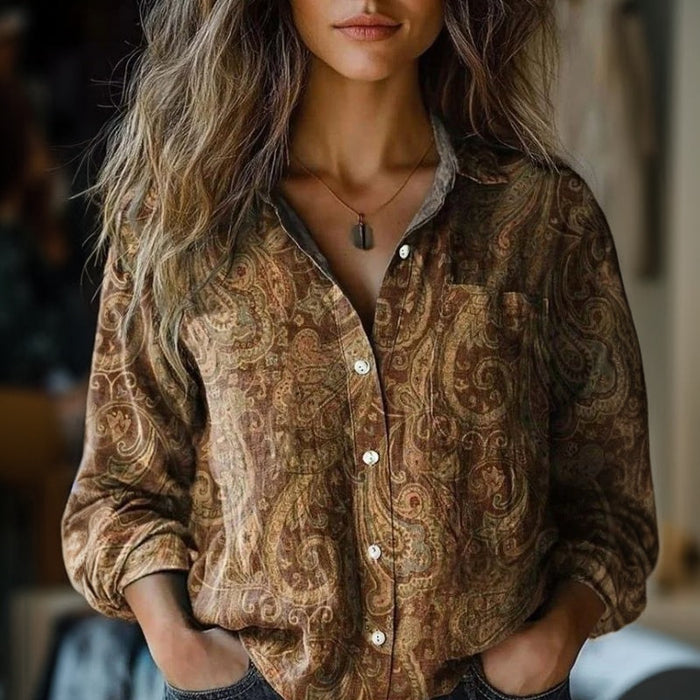 【Lange Ärmel】Vintage Bluse Mit Ethno-Print