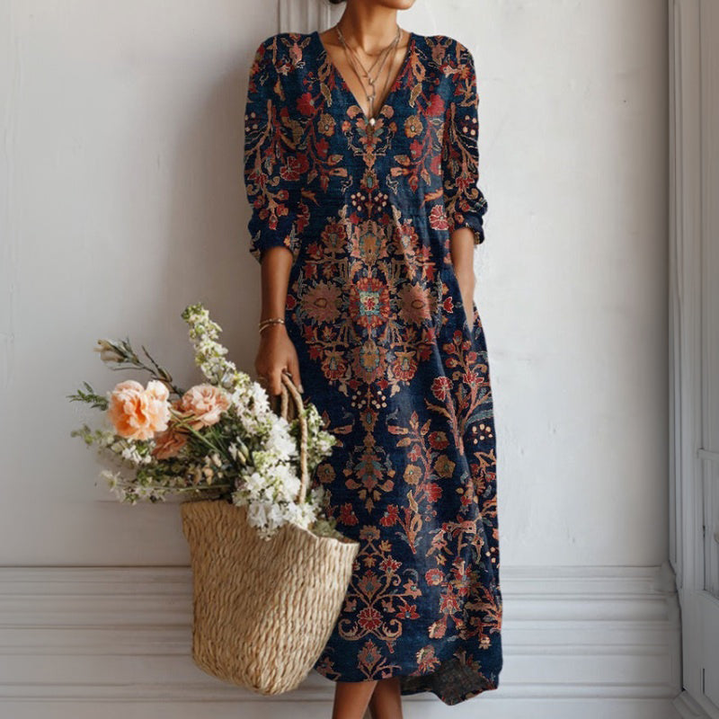 【Lange Ärmel】Vintage-Kleid Im Ethnischen Stil