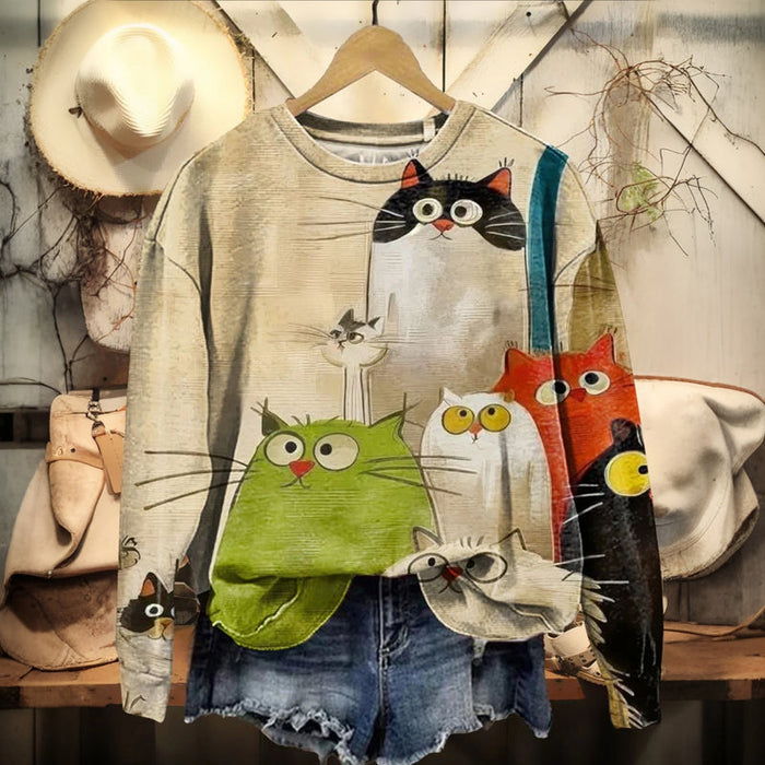 Lässiges Sweatshirt Mit Katzen-Print