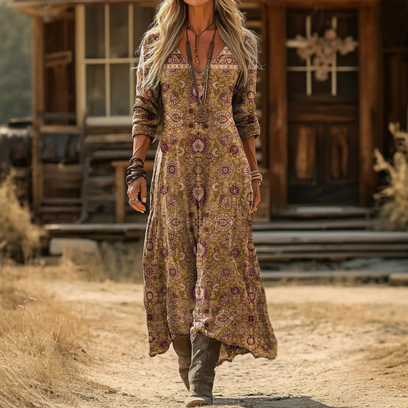 【Lange Ärmel】Vintage-Kleid Im Ethnischen Stil