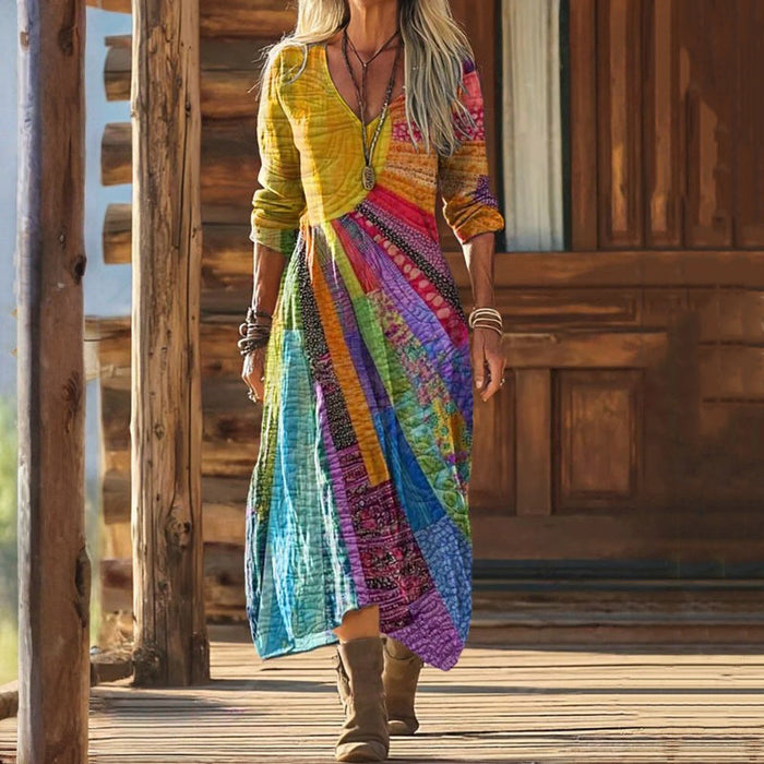 【Lange Ärmel】】Vintage-Kleid In Bunten Farben