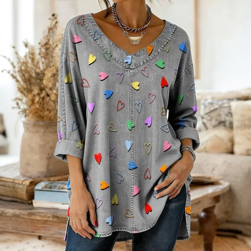 【Lange Ärmel】Vintage Bluse Mit Herzmuster