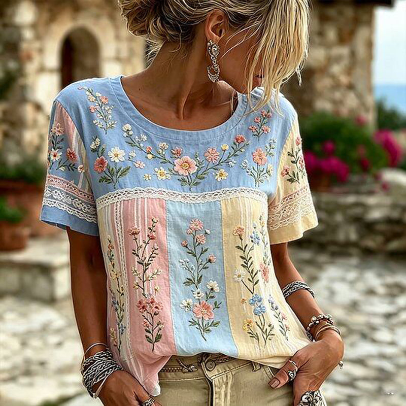T-Shirt Mit Blumenmuster Und Farbblock-Design