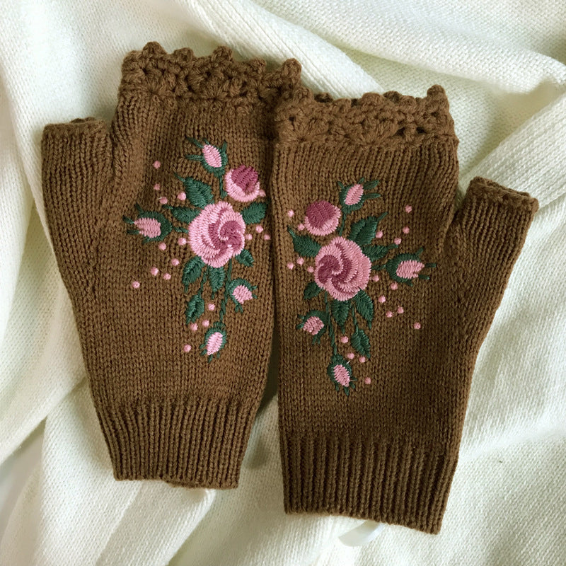 Warme Handschuhe Mit Blumenstickerei