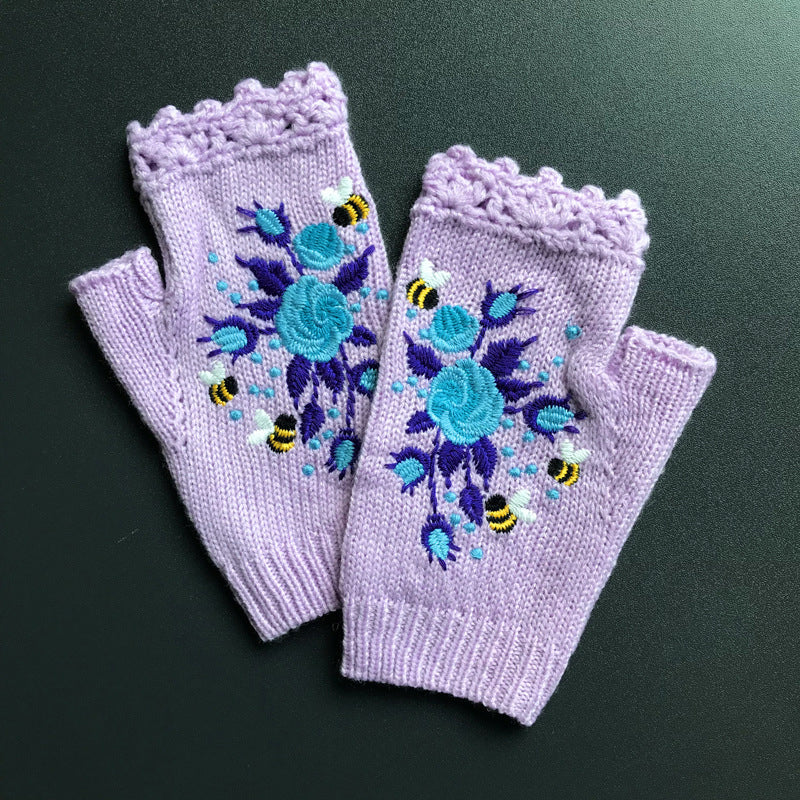 Warme Handschuhe Mit Blumenstickerei