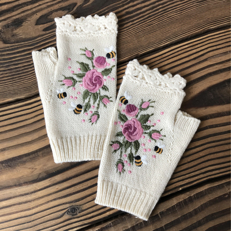 Warme Handschuhe Mit Blumenstickerei