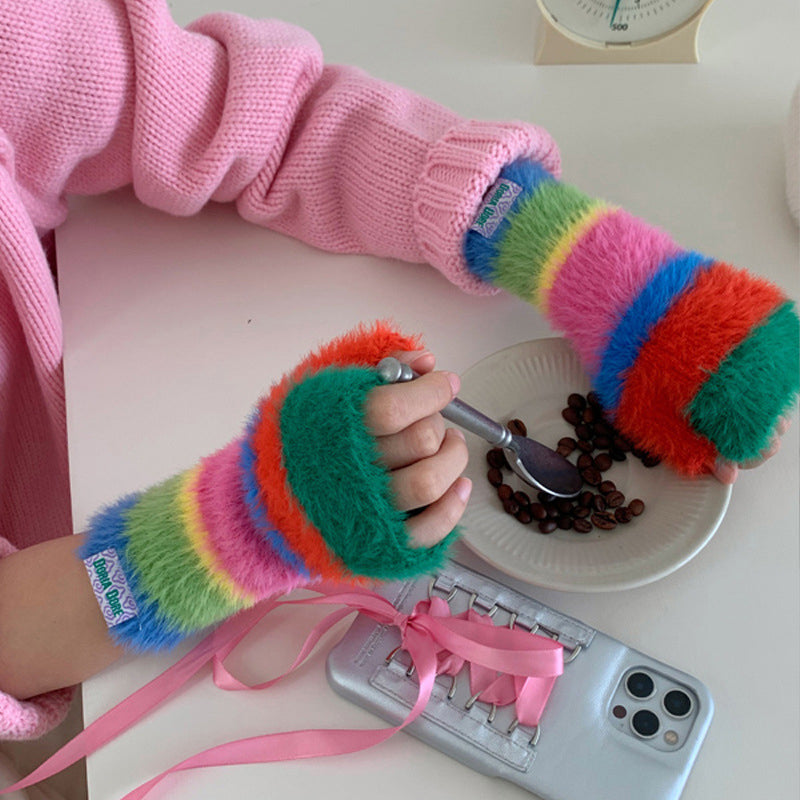 Bunt Gestreifte Plüschhandschuhe