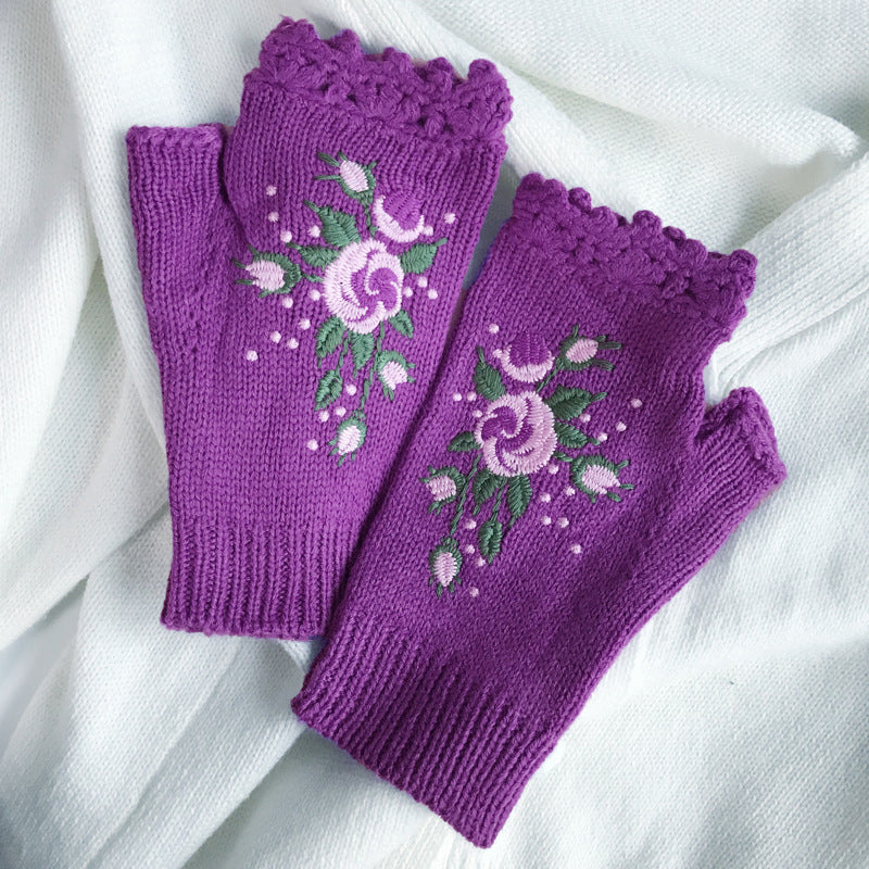 Warme Handschuhe Mit Blumenstickerei