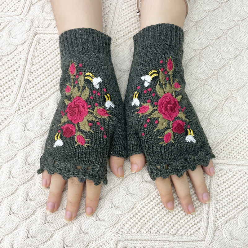 Warme Handschuhe Mit Blumenstickerei