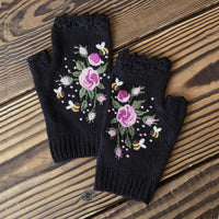 Warme Handschuhe Mit Blumenstickerei