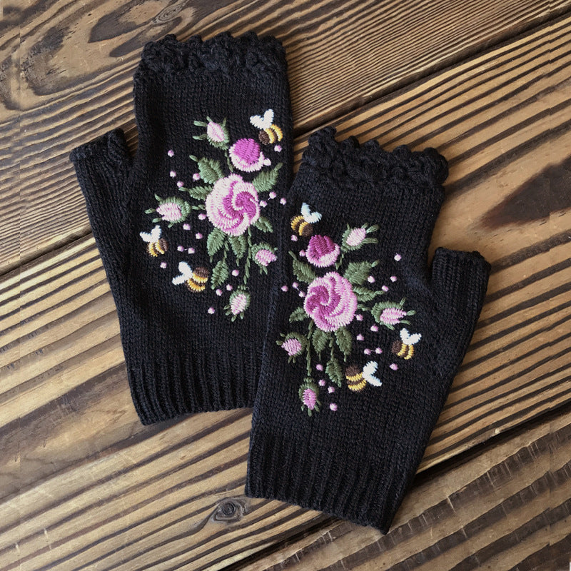 Warme Handschuhe Mit Blumenstickerei