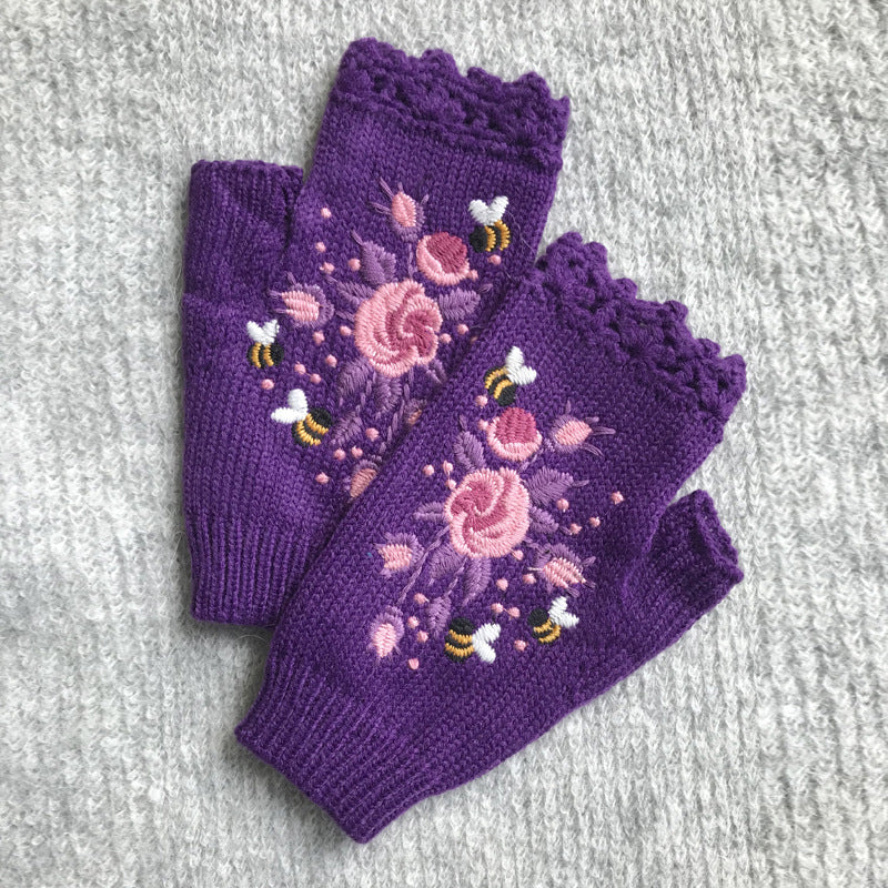 Warme Handschuhe Mit Blumenstickerei
