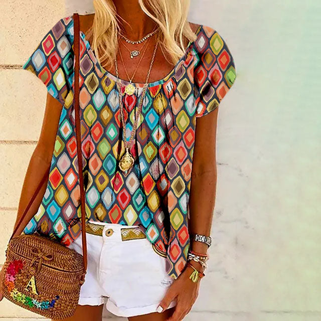 Bunt Bedrucktes T-Shirt Mit Geometriemuster