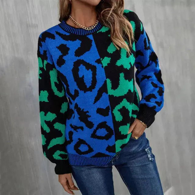 Lässiger Leoparden-Patchwork-Pullover