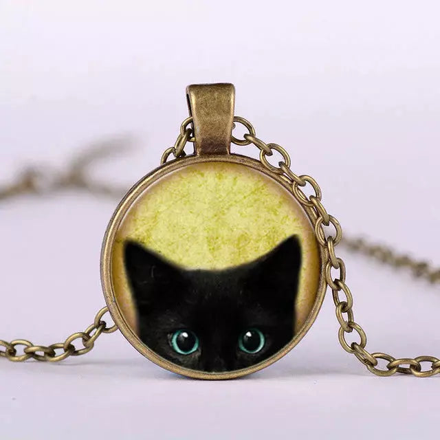 Vintage Halskette Mit Schwarzem Katzenanhänger